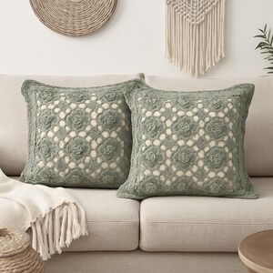 KEECO SET of TWO 16x16 Crochet Boho Throw Accent Pillows Sage Green Cottagecore
